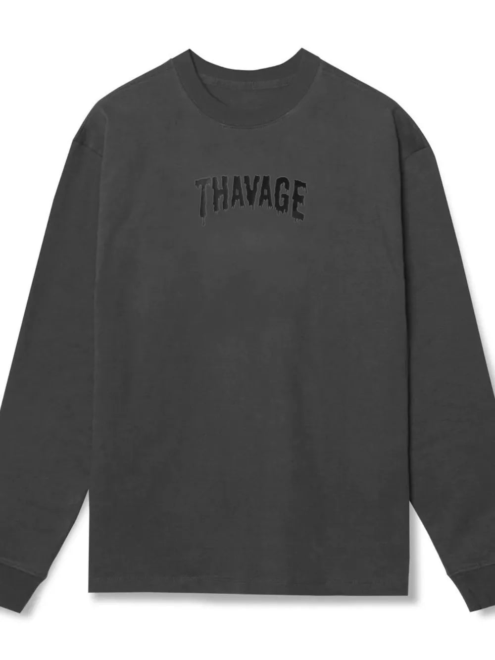 Dark Gray oversized long sleeve t-shirt with a black dripped logo graphic on the chest.