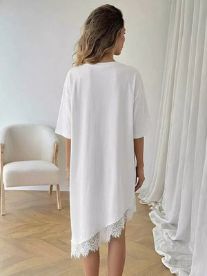 White asymmetrical t-shirt dress with lace trim hem