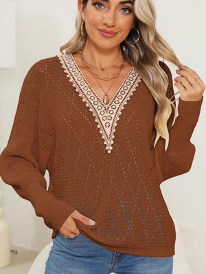 Brown acrylic dolman sweater with openwork knit and lace-trimmed V-neck