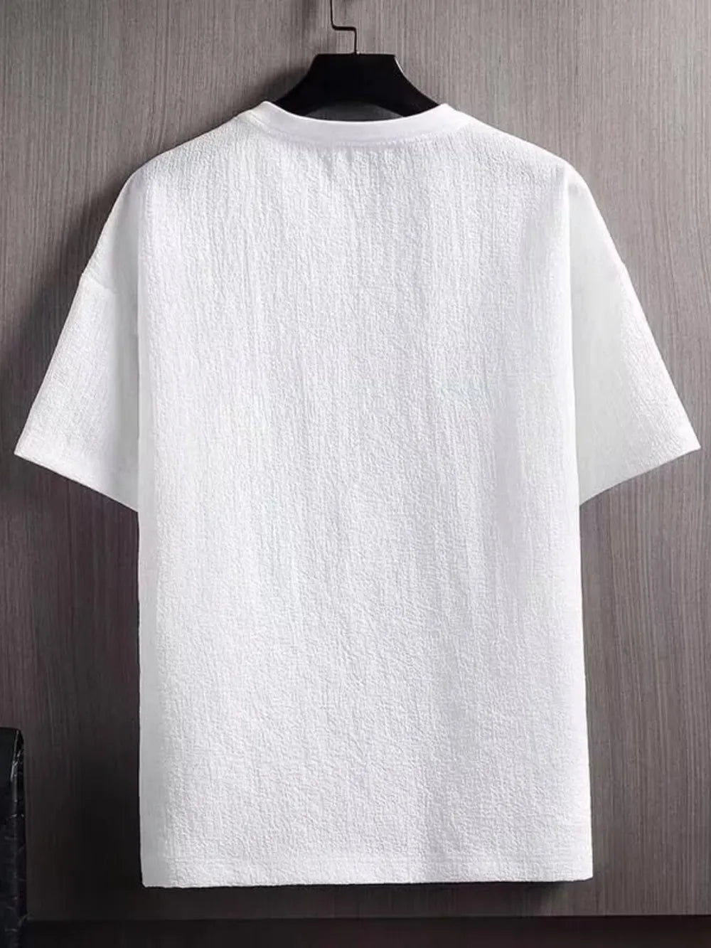 White textured round neck t-shirt for men, short sleeves, casual cotton basic style.