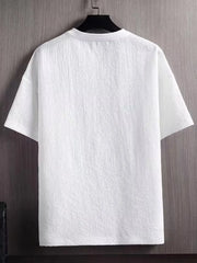 White textured round neck t-shirt for men, short sleeves, casual cotton basic style.