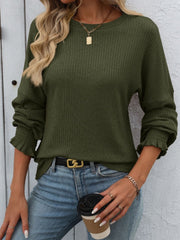 Army green ribbed knit blouse with ruffled cuffs and crew neck.