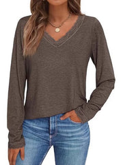 Brown long sleeve t-shirt with lace trim V-neck and cuffs.