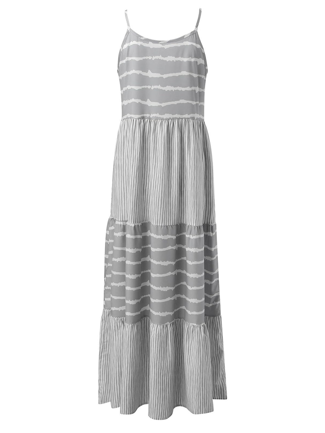 Light gray tiered maxi dress with horizontal and vertical stripe patterns and cami straps.
