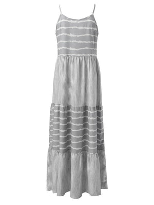 Light gray tiered maxi dress with horizontal and vertical stripe patterns and cami straps.