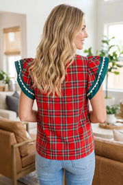 Plaid V Neck Short Sleeve Shift Blouse in Deep Red, side view