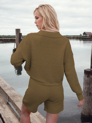 Textured knit polo short set in olive green with collared long sleeve top and matching shorts.
