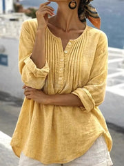 Casual Button Detail Long Sleeve Linen Shirt in Yellow, model styling view