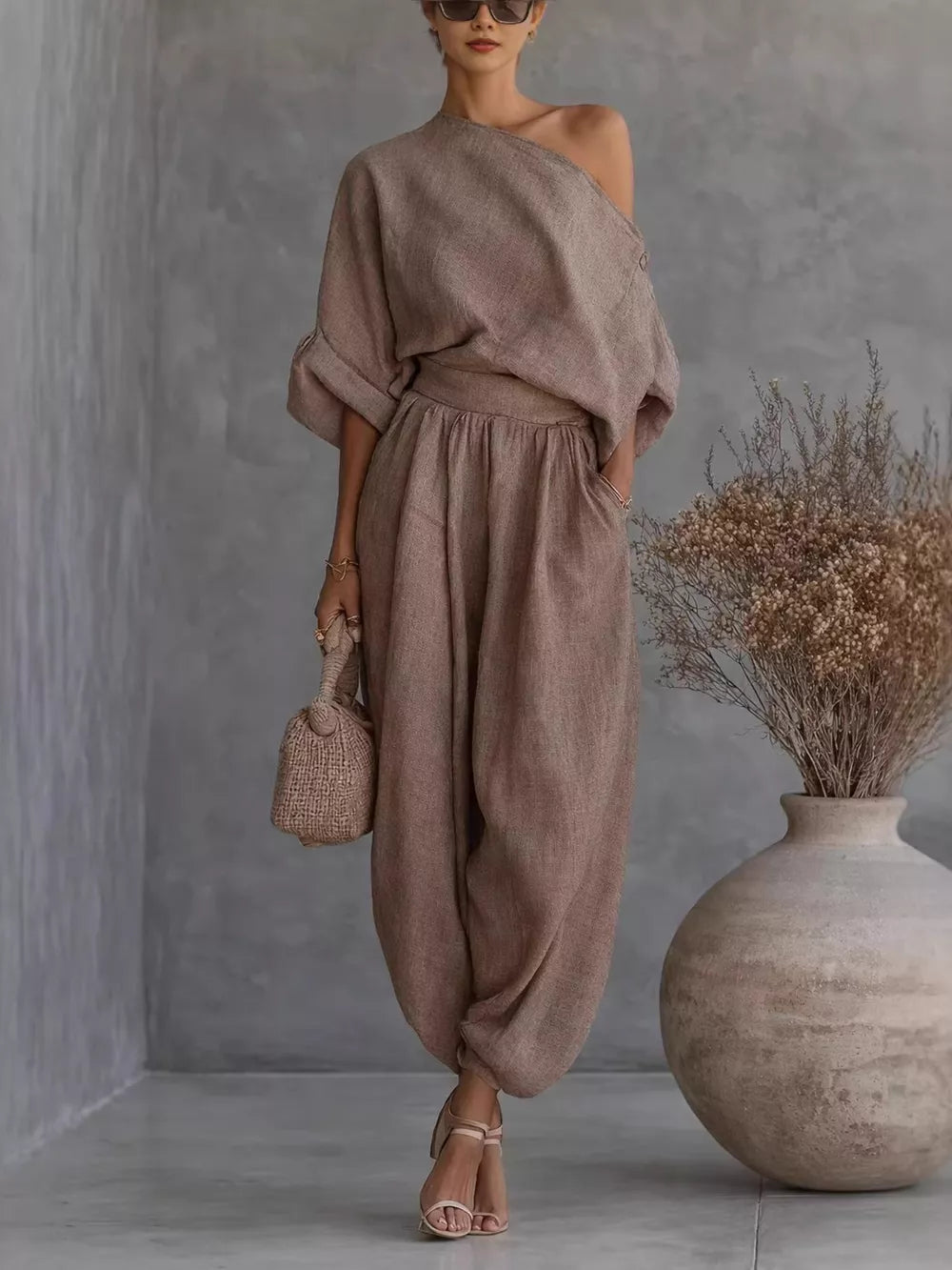 One-shoulder Top And Joggers Set in Blue, close-up detail