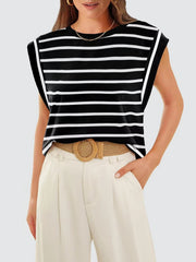 Black and white striped tank top with padded shoulders and cap sleeves