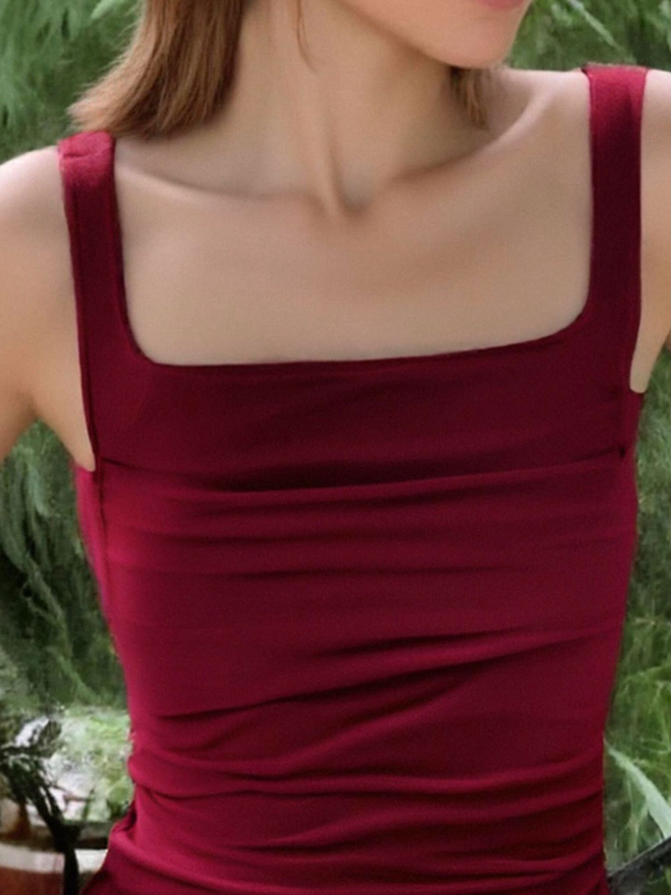 Wine red ruched square neck fitted tank top with ruching detail