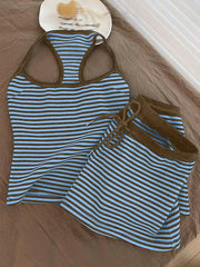 Blue striped tank top and shorts set with brown trim and drawstring waist.