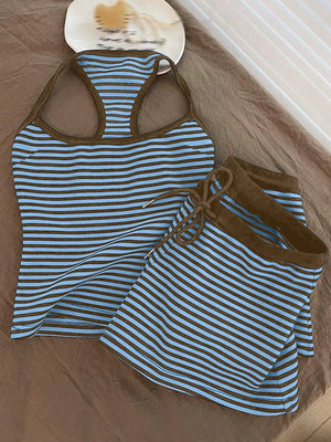 Blue striped tank top and shorts set with brown trim and drawstring waist.