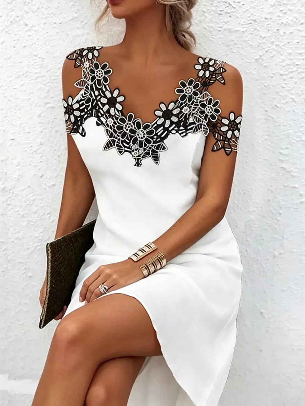 Lace Floral Trim Cold Shoulder Mini Dress in Black, alternate angle