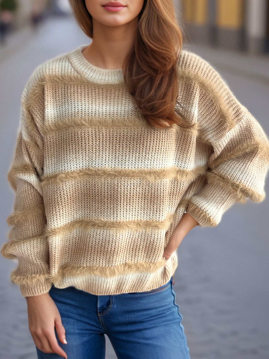 Ombre stripe fluffy knit crewneck jumper with fringe detail in tan and cream.