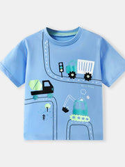 Blue crew neck t-shirt with construction vehicles and road graphic.