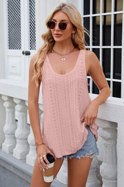 Blush pink eyelet scoop neck tank top with breathable knit fabric.