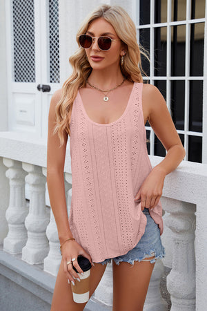 Blush pink eyelet scoop neck tank top with breathable knit fabric.