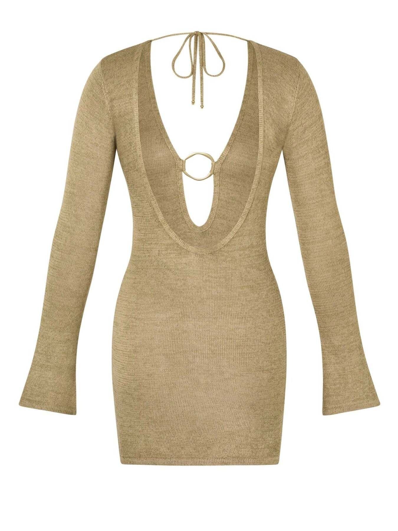 Khaki sheer knit mini cover-up dress with deep V-neck, ring detail, and tie closure.