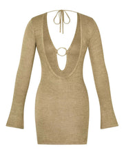 Khaki sheer knit mini cover-up dress with deep V-neck, ring detail, and tie closure.