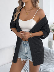 Black open-knit short sleeve duster cardigan with diamond pattern detail