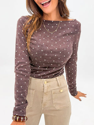 Coffee brown polka dot long-sleeve tee with boat neck