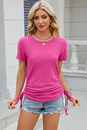 Hot Pink perforated tee with gathered sides and drawstring detail.