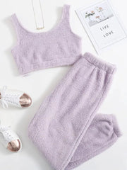 Cozy Plush Cropped Tank And Pants Lounge Set in Pink, back view