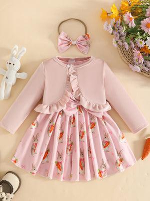 Pink baby set with ruffled cardigan and bunny carrot print dress, includes matching bow headband.