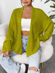Yellow-green acrylic open-front slouchy knit cardigan with long sleeves.
