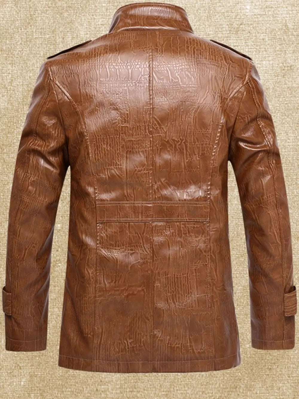 Men's brown faux leather sport jacket with textured finish and buttoned cuffs.