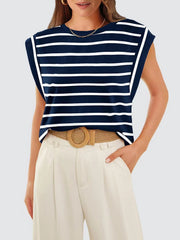 Navy and white striped tank top with padded shoulders and cap sleeves.