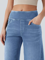 Maternity wide-leg jeans in light blue denim with a comfortable elastic waistband and pockets.