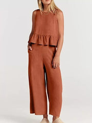 Ruffled Hem Sleeveless Top And Wide-leg Pants Set Plus Size