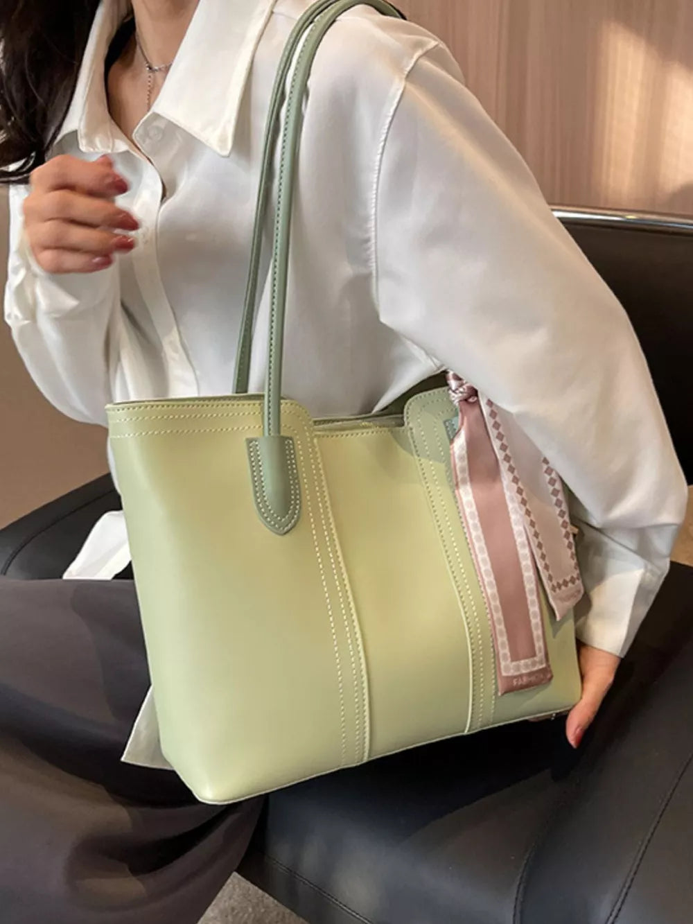 Elegant large green pu leather tote bag with decorative scarf detail