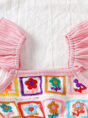 Pink crochet ruffle trim baby jumpsuit with embroidered floral squares