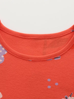 Toddler orange cotton blend dress with whimsical horse print and round neckline.