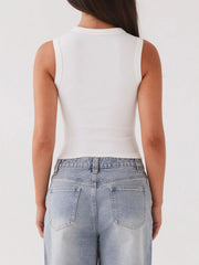 White ribbed knit button-down crop top with a high neckline.