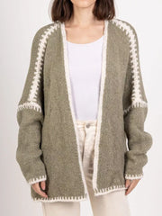 Sage oversized knit cardigan with contrast white trim and stitching detail.