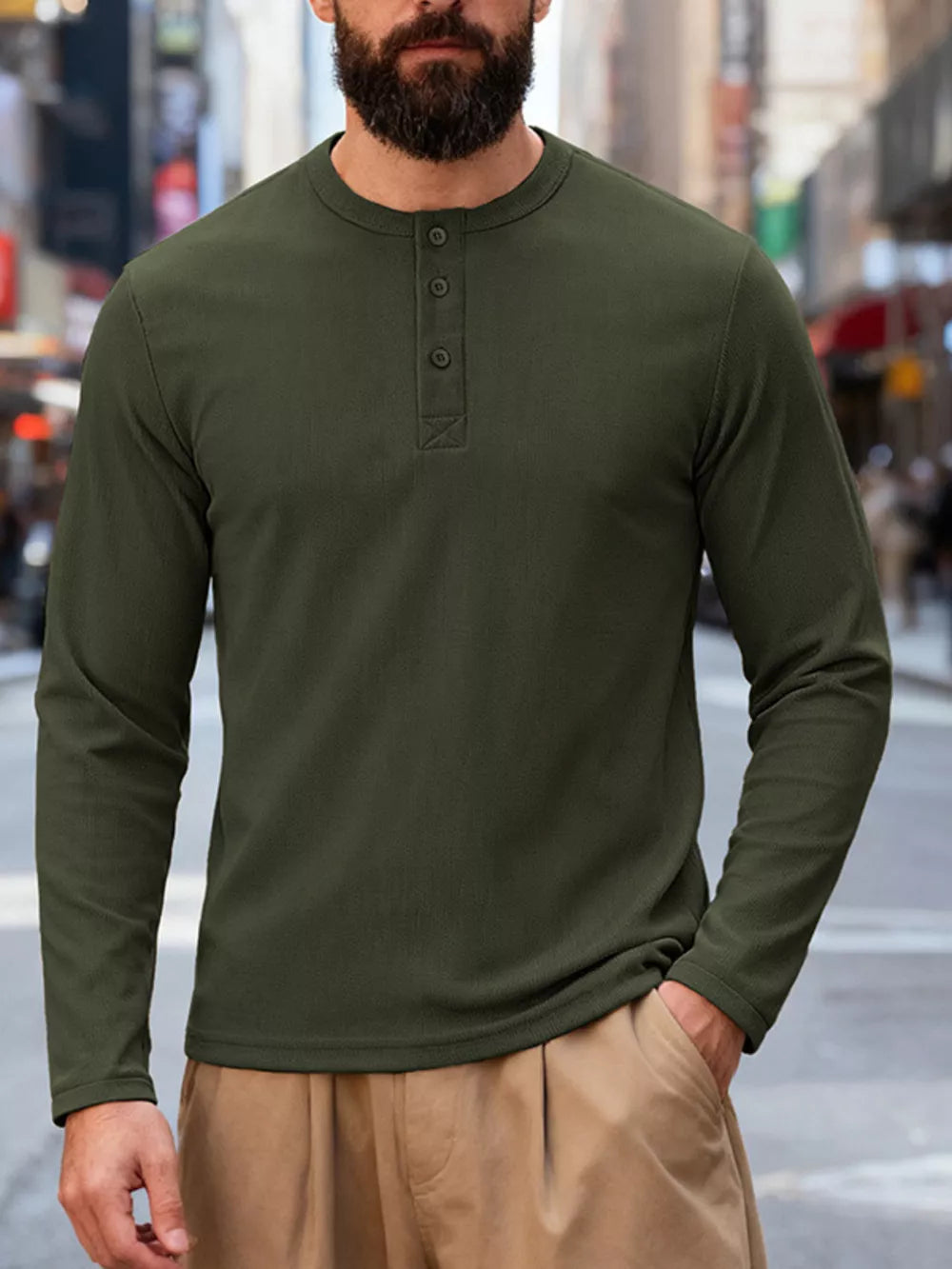 Men's long sleeve henley t-shirt in Bean Green cotton with button placket.