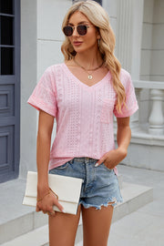 Pink perforated pocket tee with rolled sleeves and V-neck