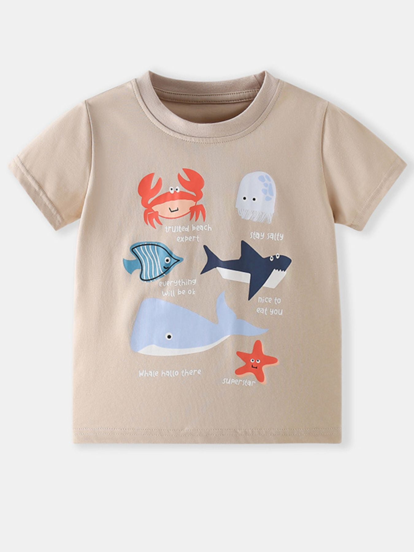 Beige cotton t-shirt with colorful ocean animal graphics and text.