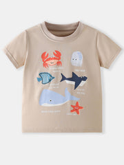 Beige cotton t-shirt with colorful ocean animal graphics and text.