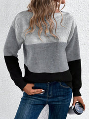 Colorblock boatneck knit sweater in gray and black acrylic, with a relaxed fit.