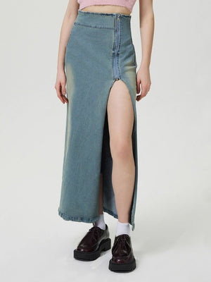Denim maxi skirt in medium wash with a high slit front and zipper detail