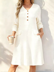 Full Size Ribbed Knit V-neck Dress Plus Size in White, fabric detail