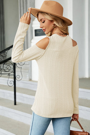 Cream textured cable knit cold shoulder long sleeve top