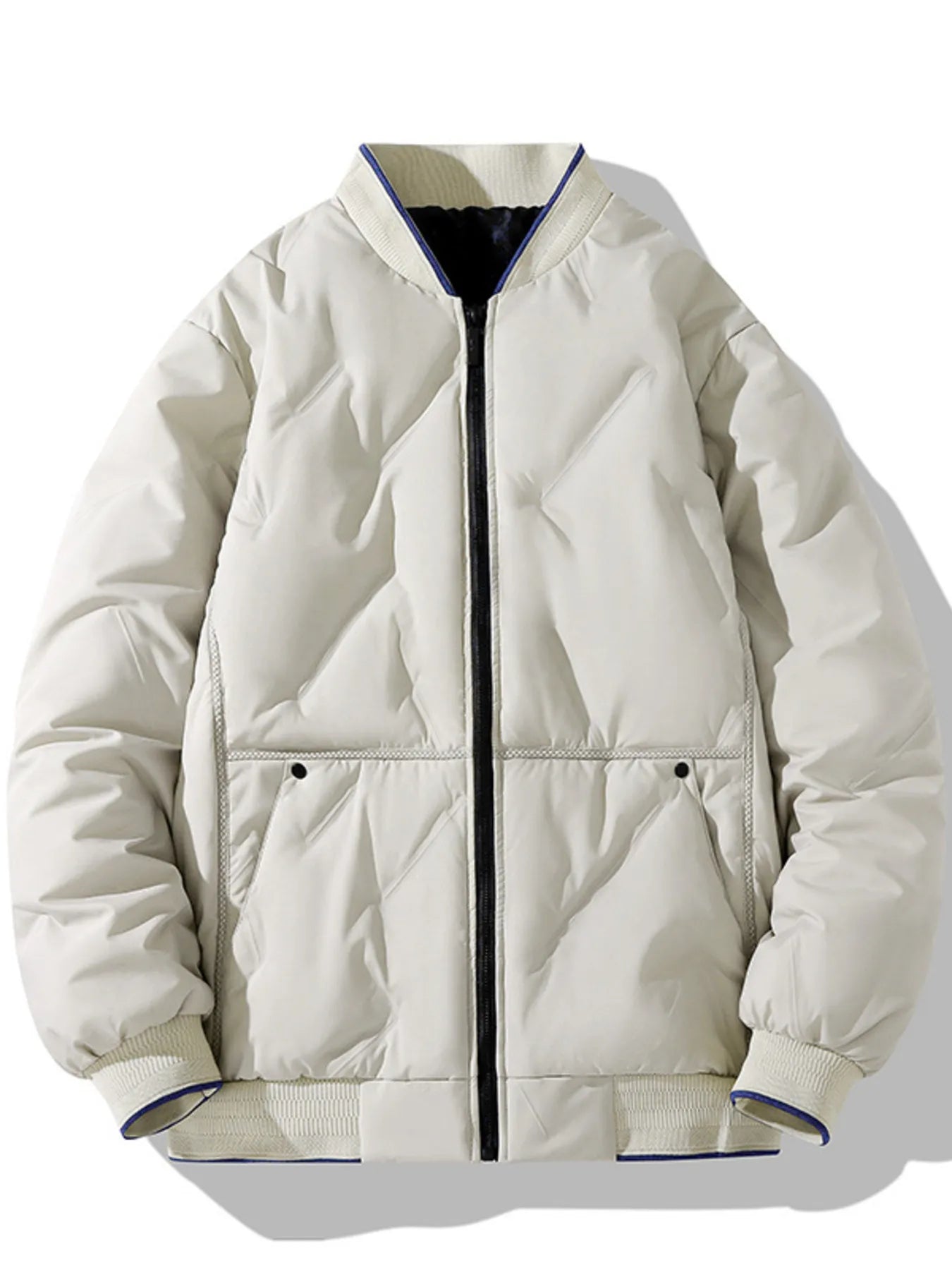 Plus-size ivory quilted bomber jacket with zip-up front and ribbed cuffs.