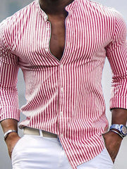 Men's red and white striped cotton band collar button-up shirt
