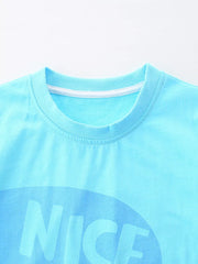 Baby blue cotton blend graphic tee with "NICE" text print and crew neck.